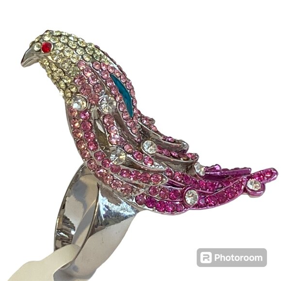 Vintage Crystal Bird Cocktail Ring Statement Size 8 Pink Silver Rhodium Plated - Picture 1 of 13